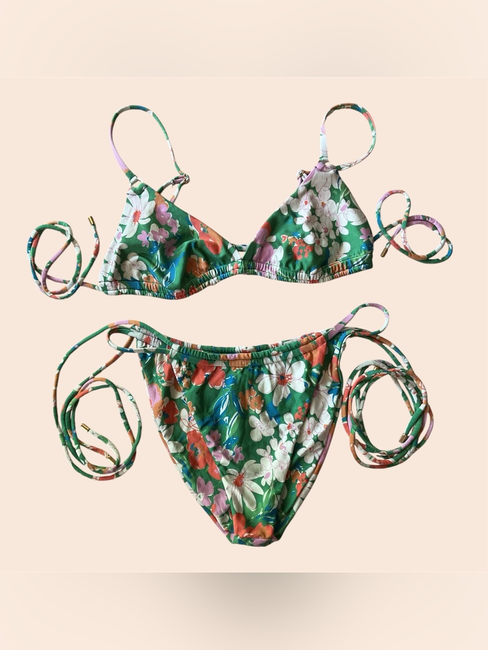 Aquari Capri Green Floral Tie-Side Bikini, Top S, Bottom XS